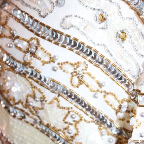 80s Evening Jacket Beads Sequins 100% Silk Ivory Gold Women's - Picture 12 of 16
